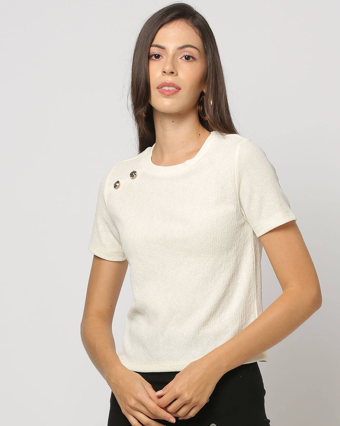 basic textured crop top, OFF WHITE