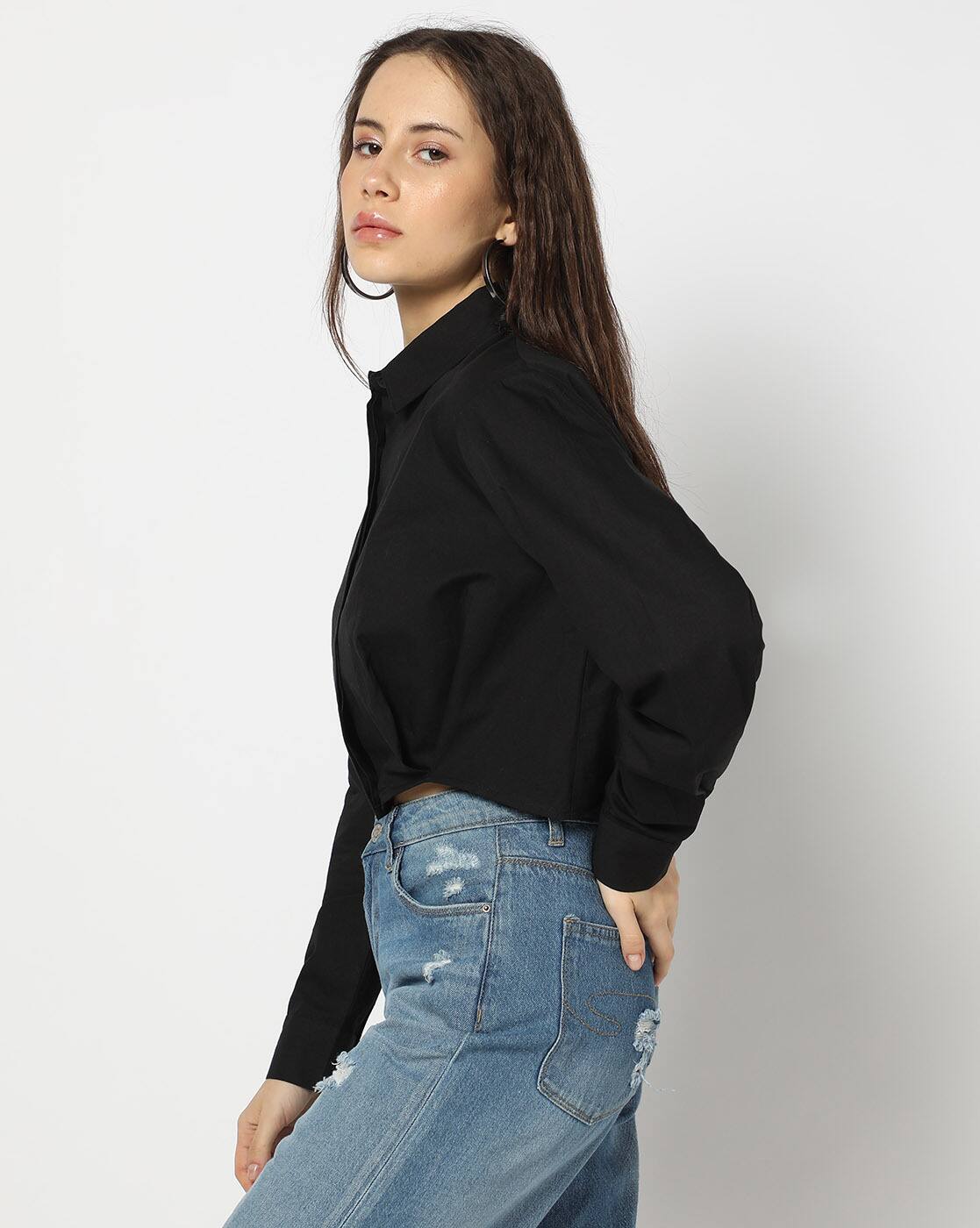 FRONT PLEAT SHIRT, BLACK, L