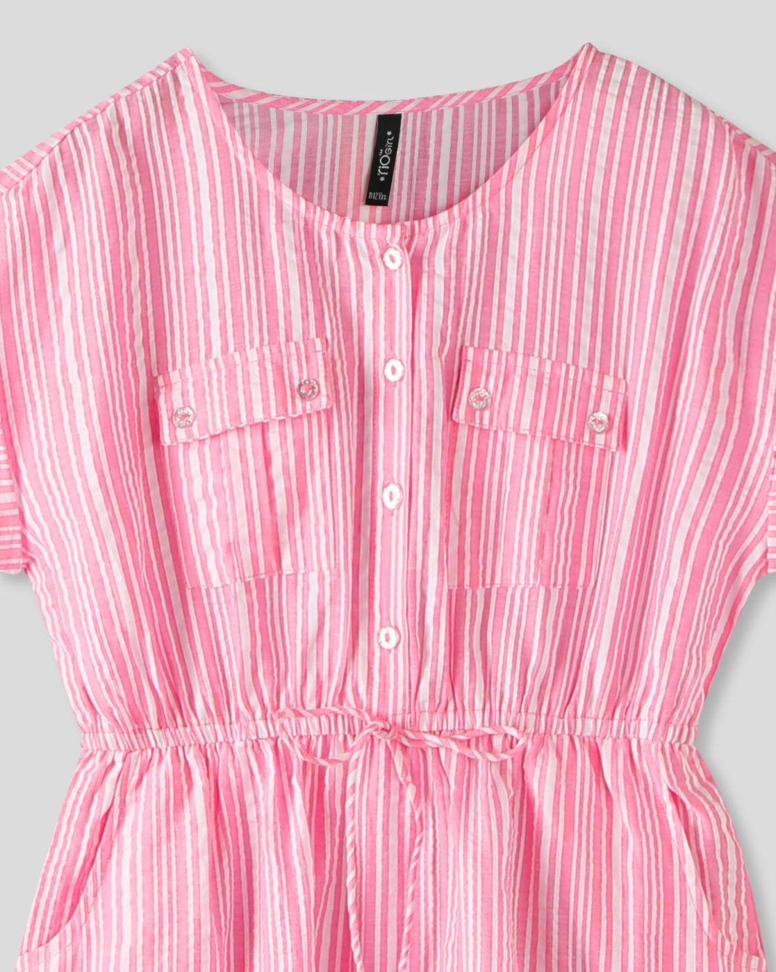 STRIPED DRESS W DRAWSTRING, PINK