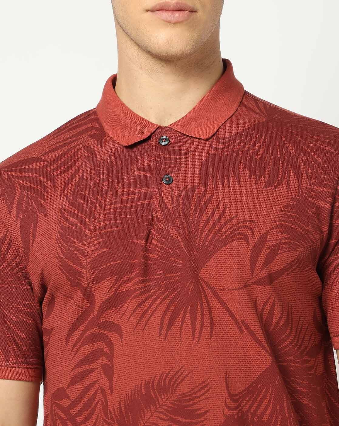 LEAF AND STRIPE PRINT POLO, MAROON, M