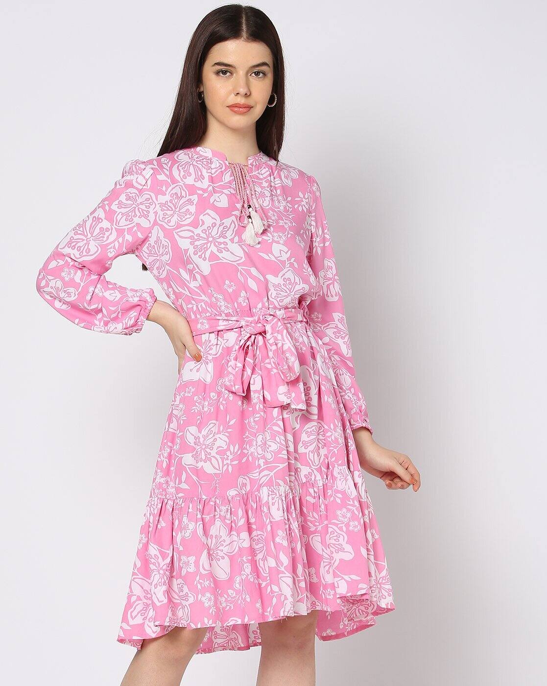 FLORAL PRINTED DRESS., PINK, M