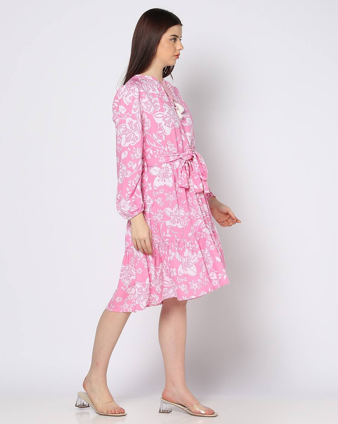 FLORAL PRINTED DRESS., PINK, M