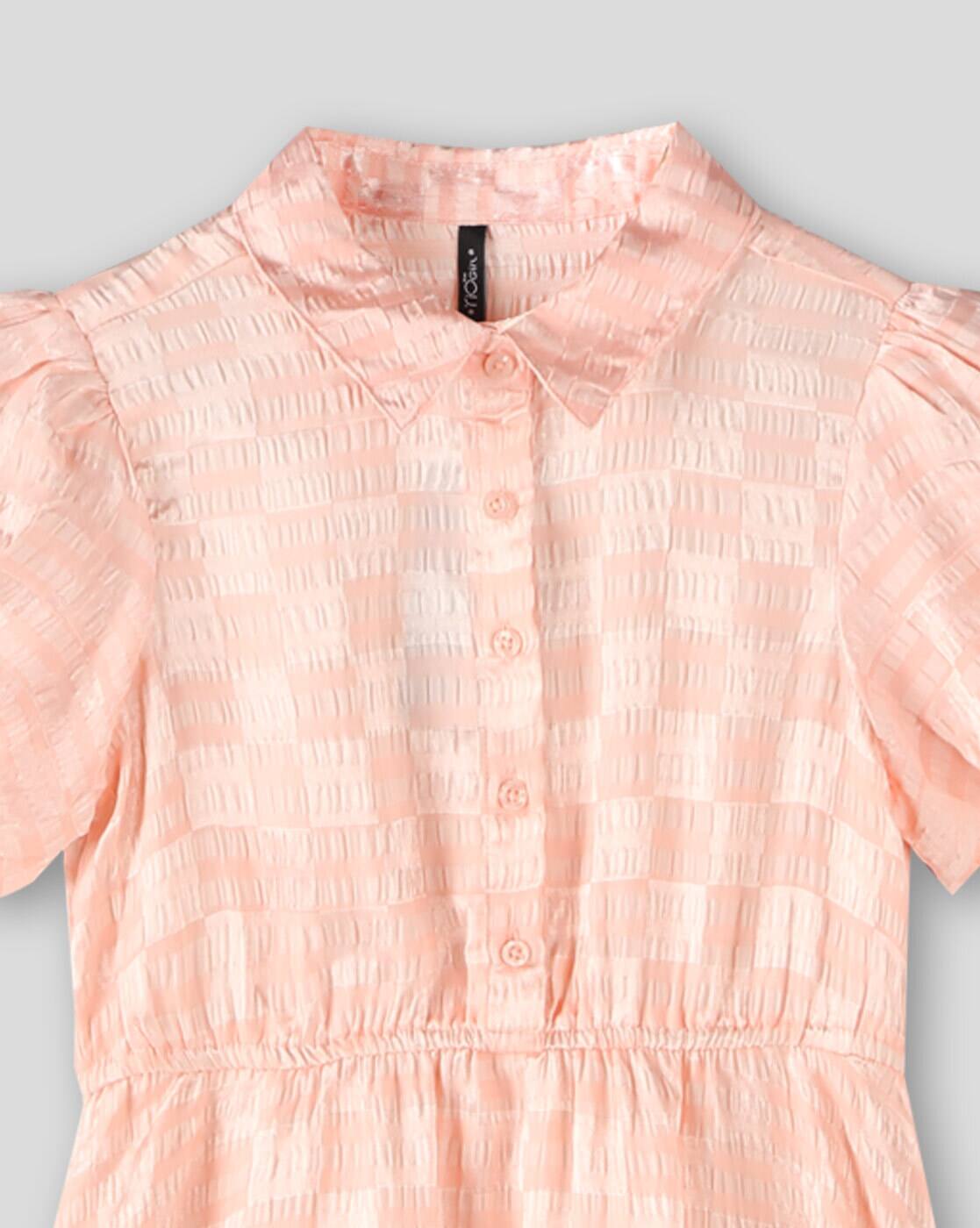 CHECKERED DRESS W PUFF SLEE, PEACH, 8-9Y