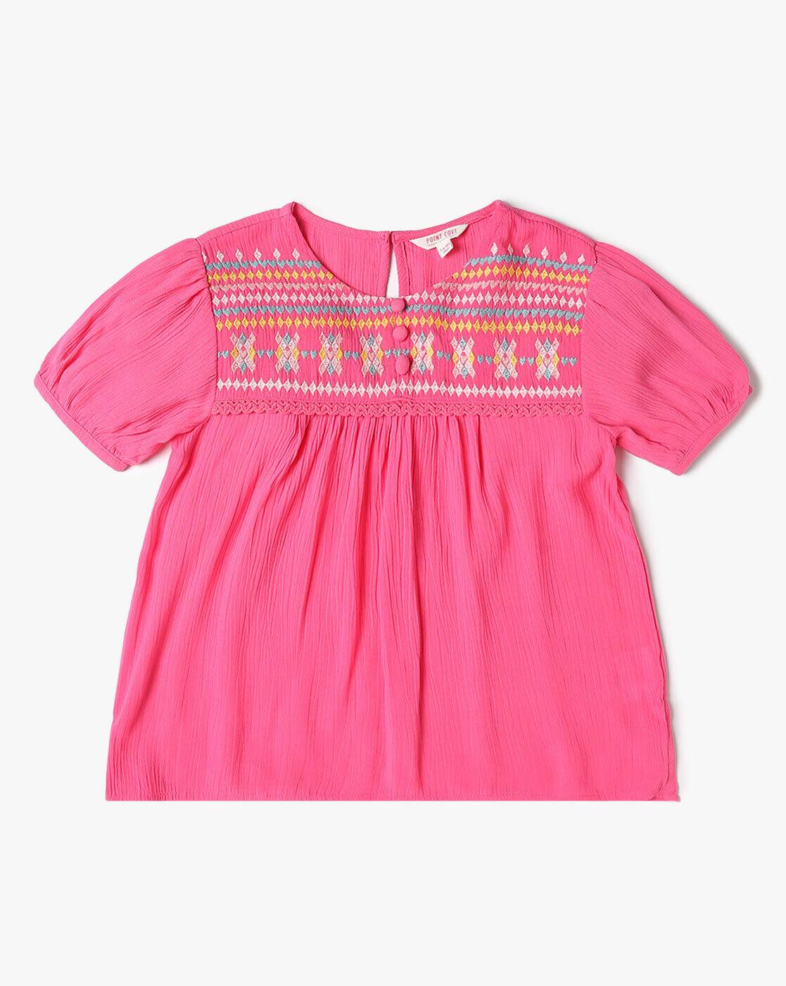 HALF SLEEVE WOVEN TOP, PINK, 3-4Y
