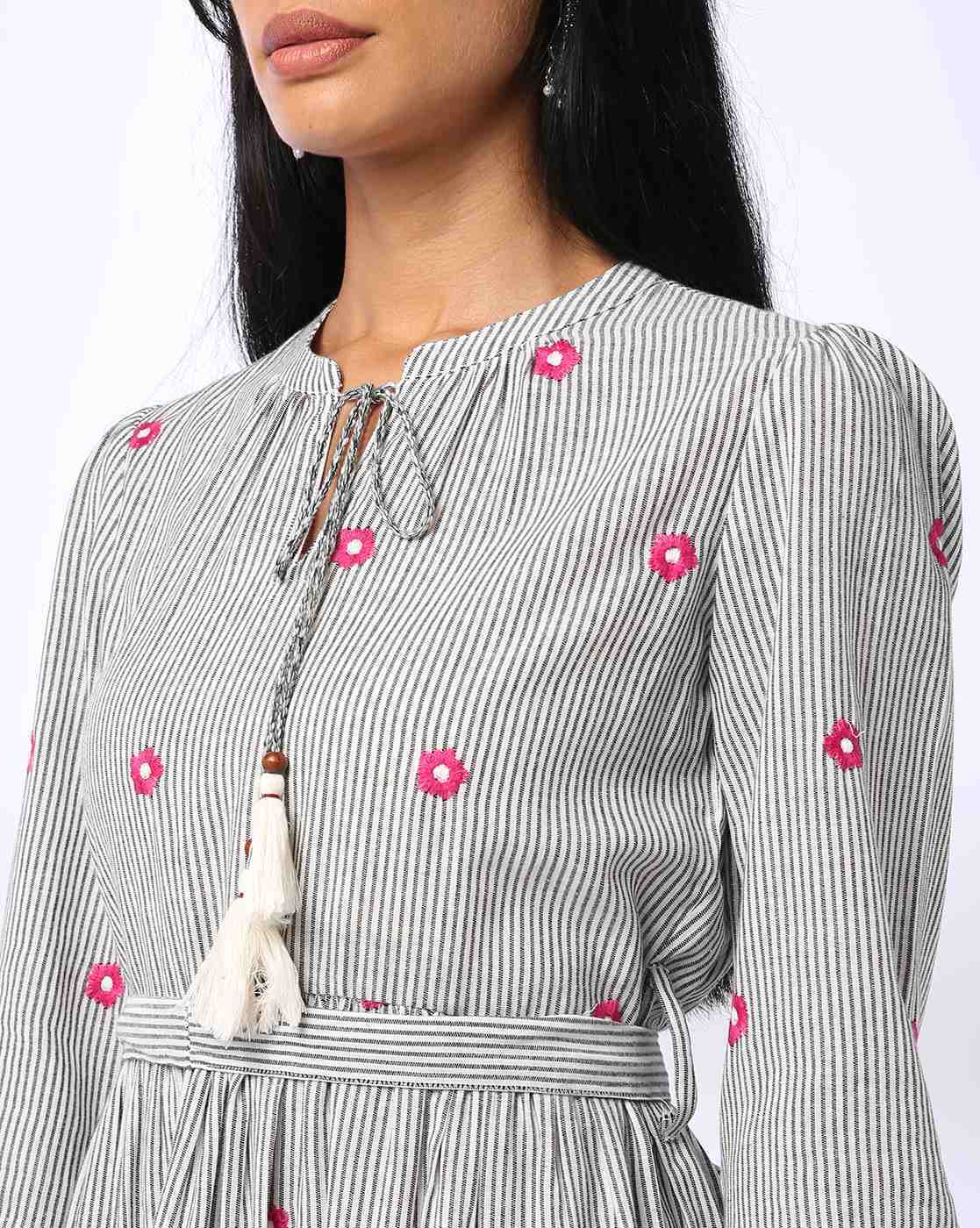 YAR DYED DRESS WITH NECK TIE U, GREY