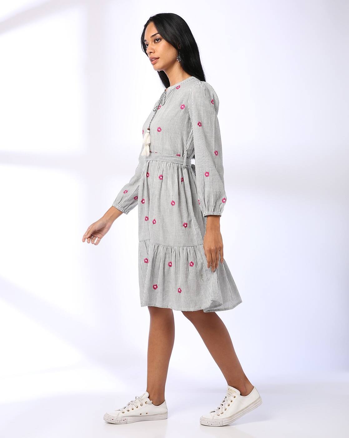YAR DYED DRESS WITH NECK TIE U, GREY