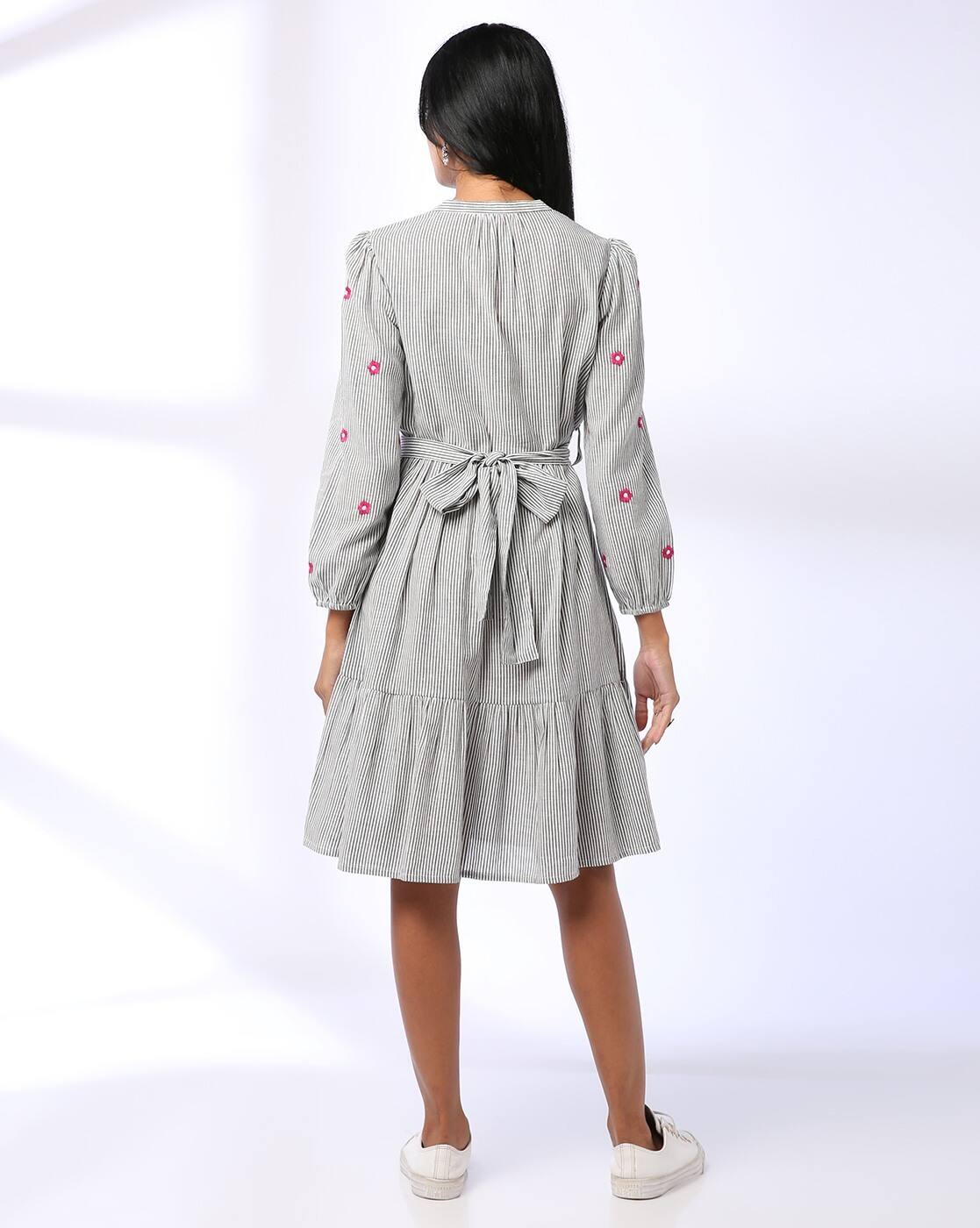 YAR DYED DRESS WITH NECK TIE U, GREY