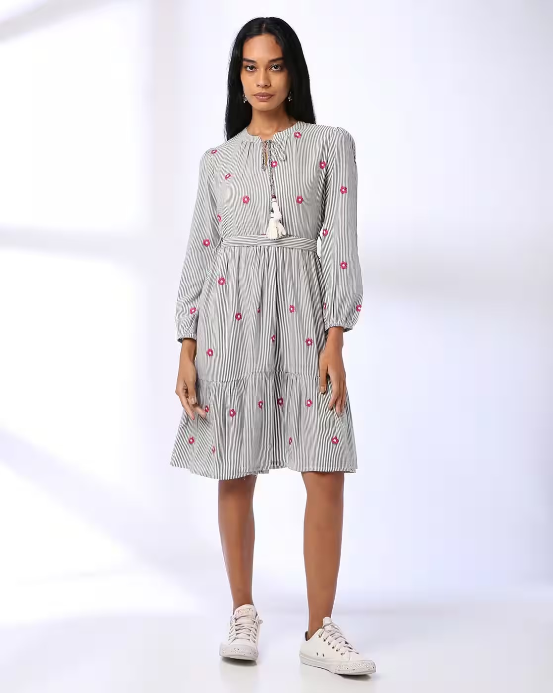 YAR DYED DRESS WITH NECK TIE U, GREY