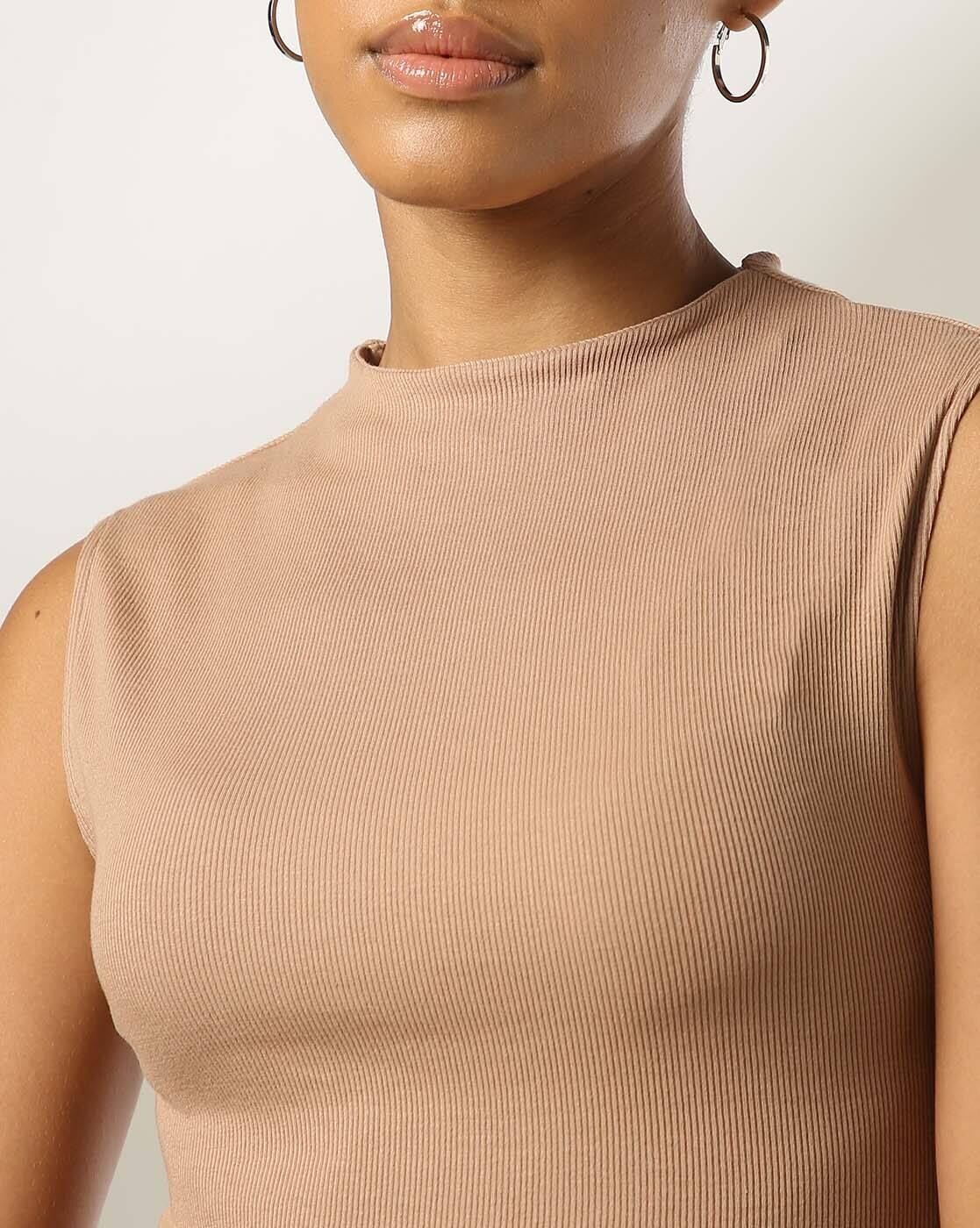 SLEEVELESS MOCK NECK TOP, BEIGE