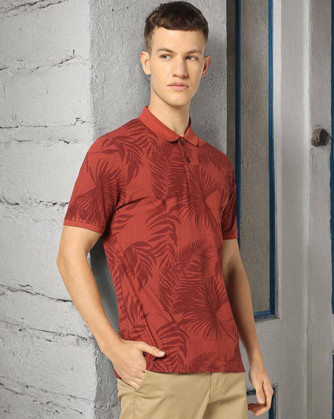 LEAF AND STRIPE PRINT POLO, MAROON, M