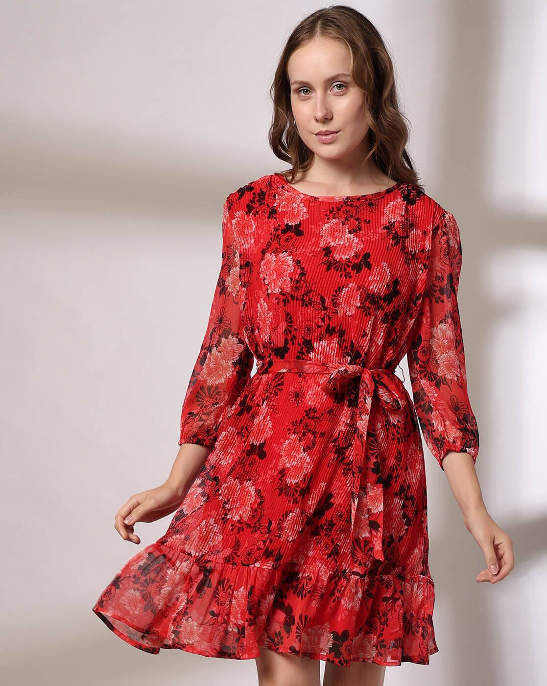 PRINTED PLEATED DRESS, RED, XS