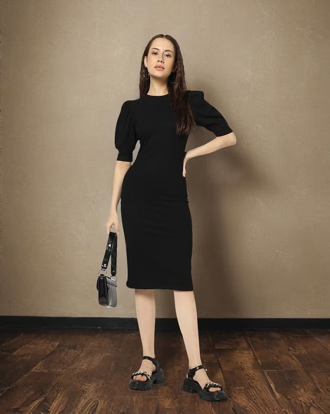 BUBBLE SLEEVE DRESS, JET BLACK
