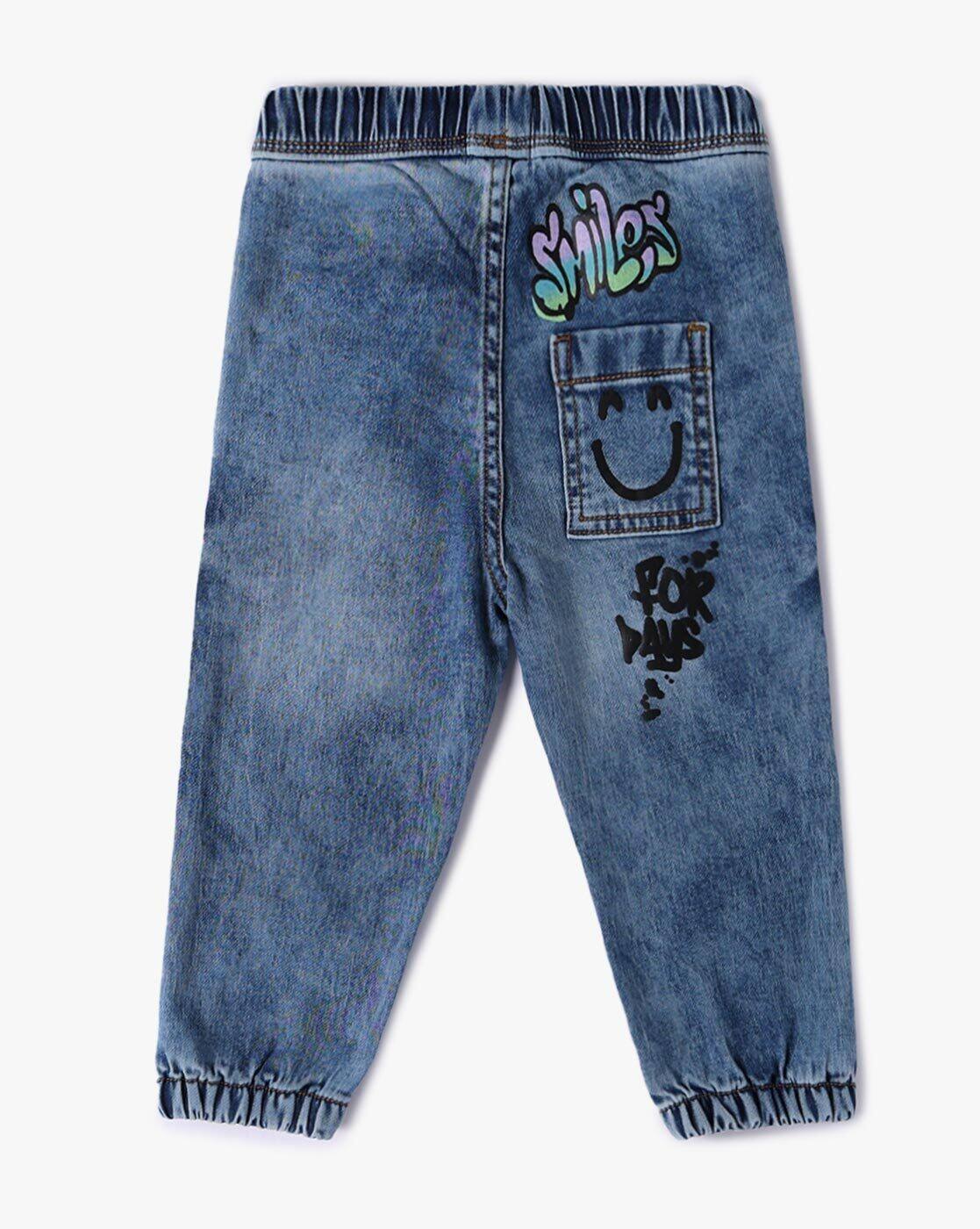 SMILEY PRINTED JEANS, BLUE, 6-12M
