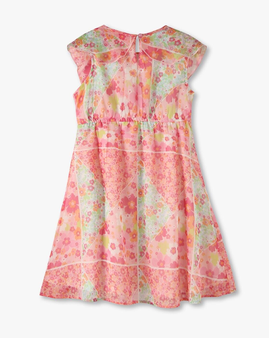 RUFFLE PANEL AOP DRESS, PINK