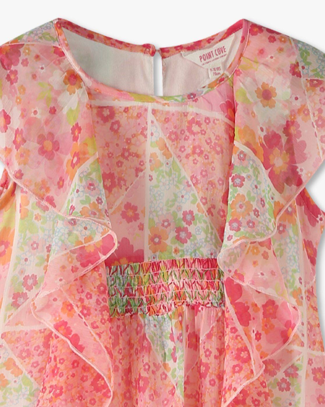 RUFFLE PANEL AOP DRESS, PINK