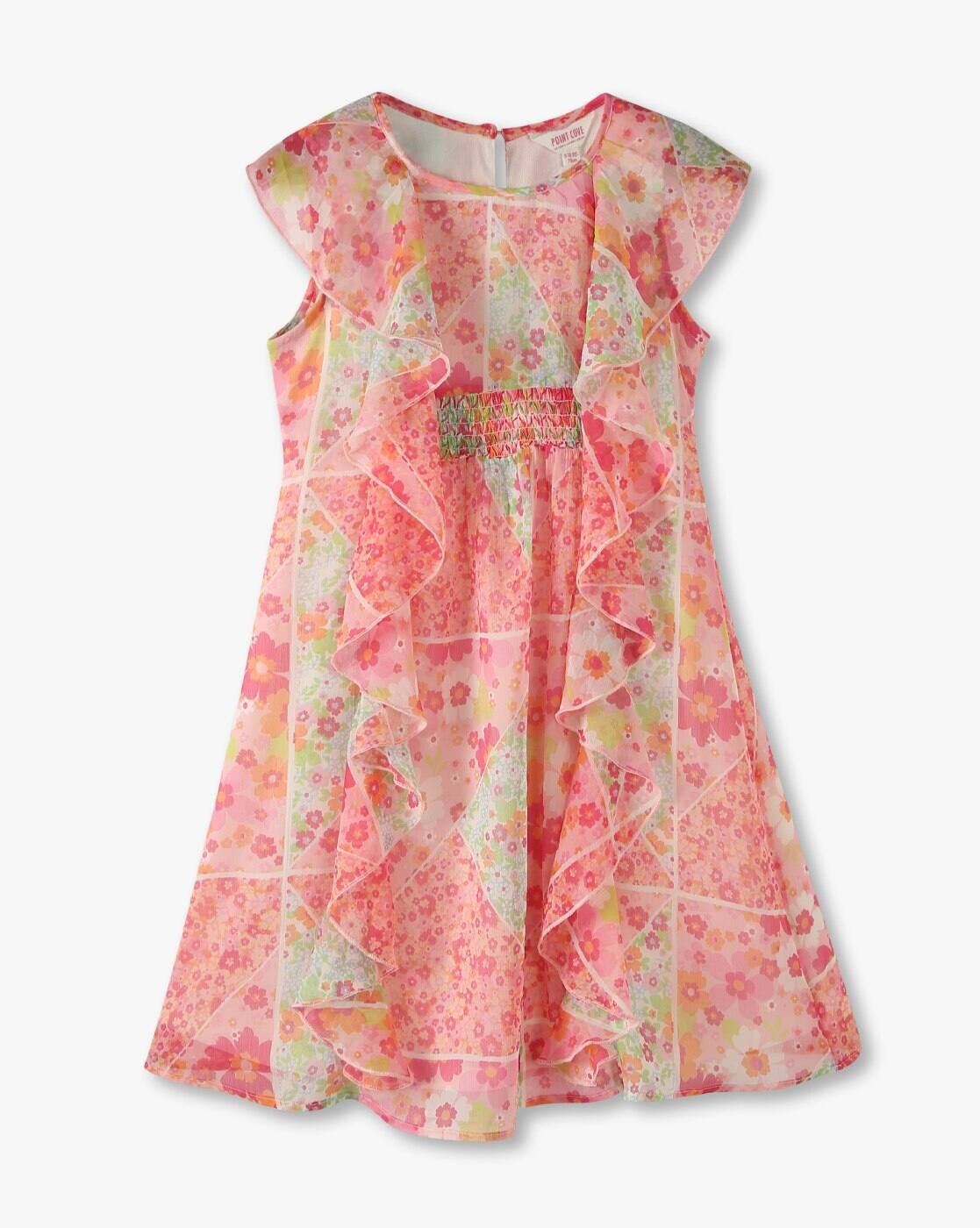 RUFFLE PANEL AOP DRESS, PINK