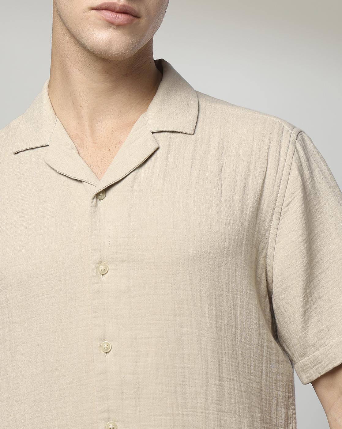 COTTON RESORT SHIRT WO BAND, KHAKI