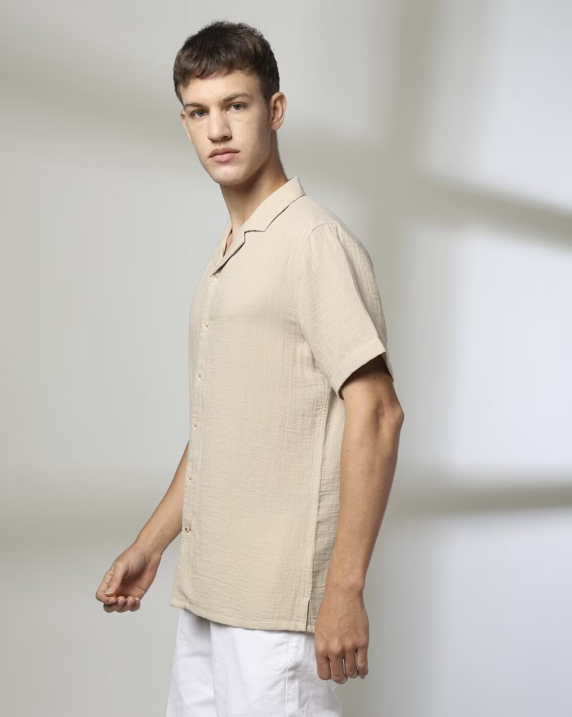 COTTON RESORT SHIRT WO BAND, KHAKI