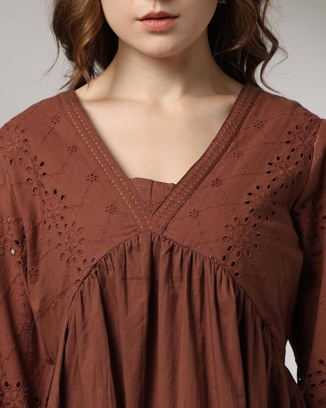 SCHIFFLI V NECK DRESS, BROWN, M