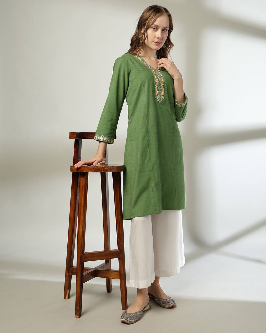 A LINE EMBROIDERY CORDUROY KU, GREEN, XL
