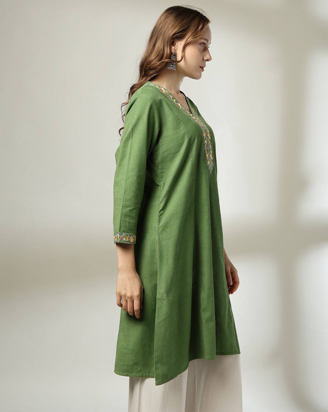 A LINE EMBROIDERY CORDUROY KU, GREEN, XL
