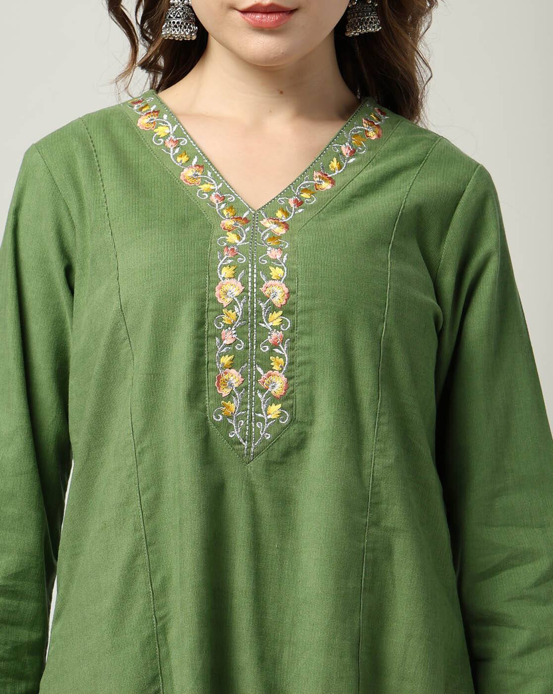 A LINE EMBROIDERY CORDUROY KU, GREEN, XL