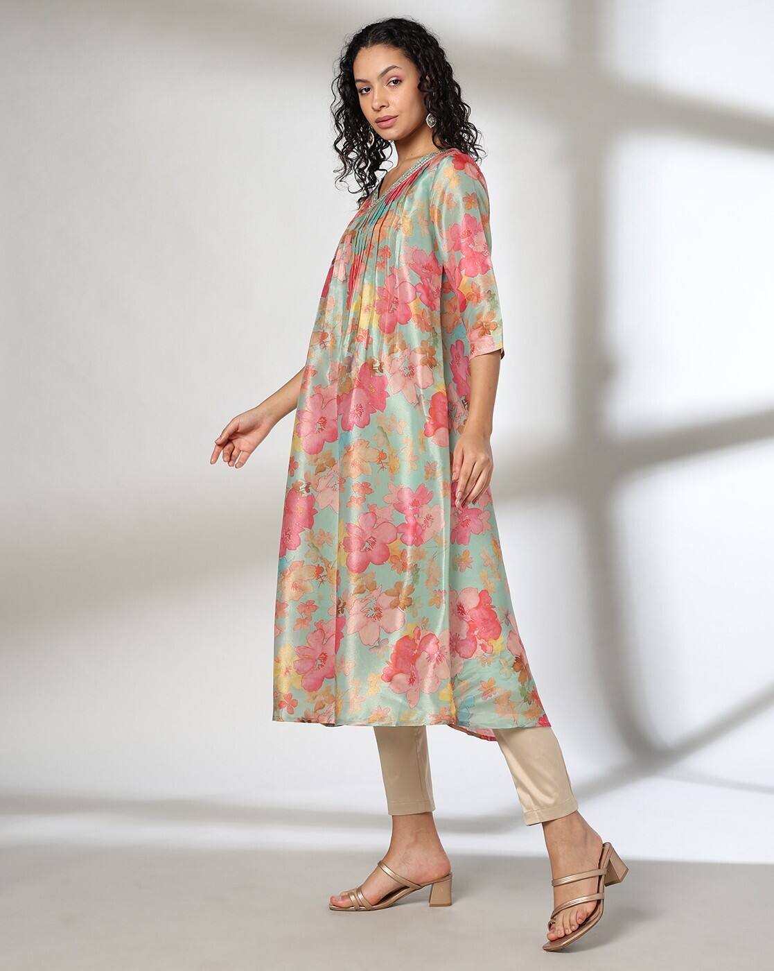 FLORAL PRINTED FESTIVE KURTA, AQUA, L