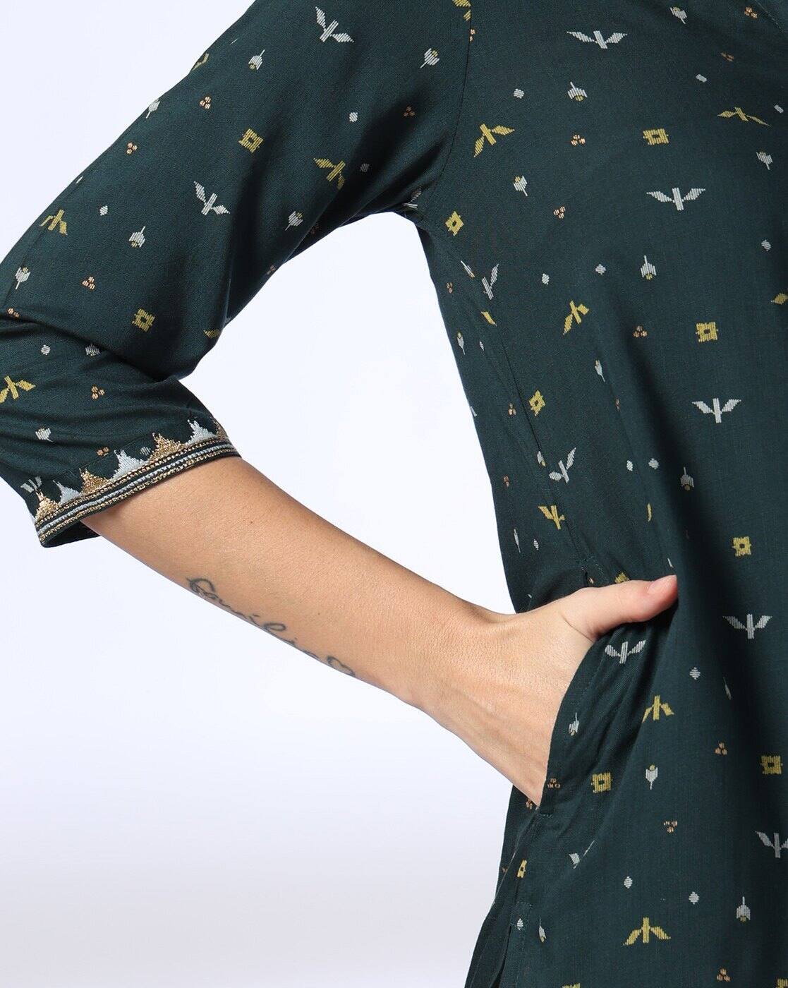 EMBROIDERY KURTA, TEAL, L