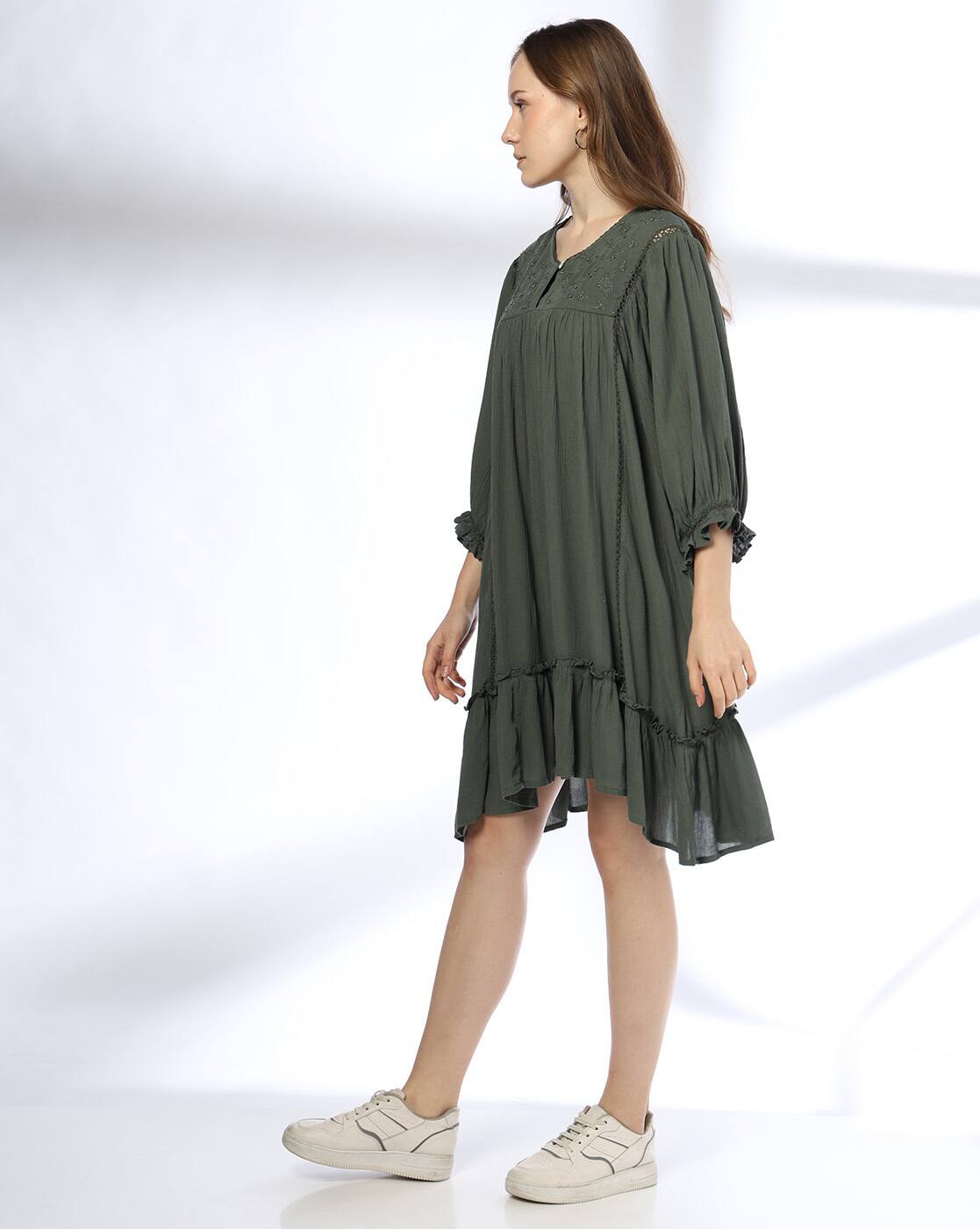 Short tiered dress, OLIVE, S