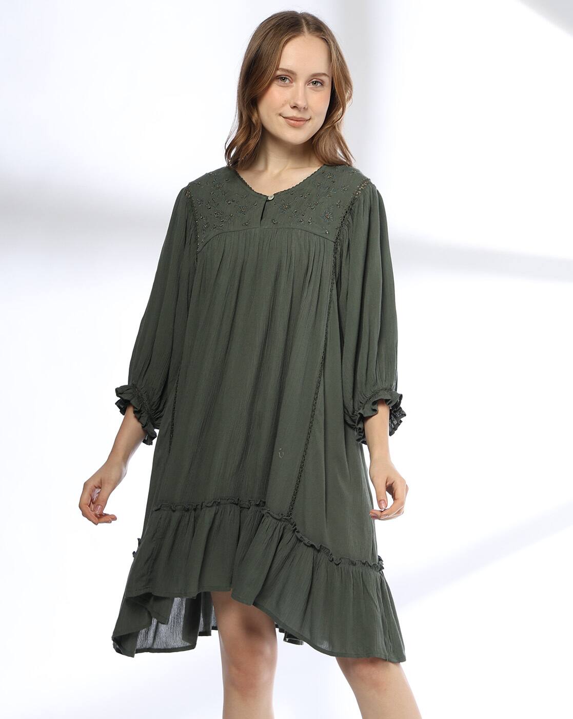 Short tiered dress, OLIVE, S