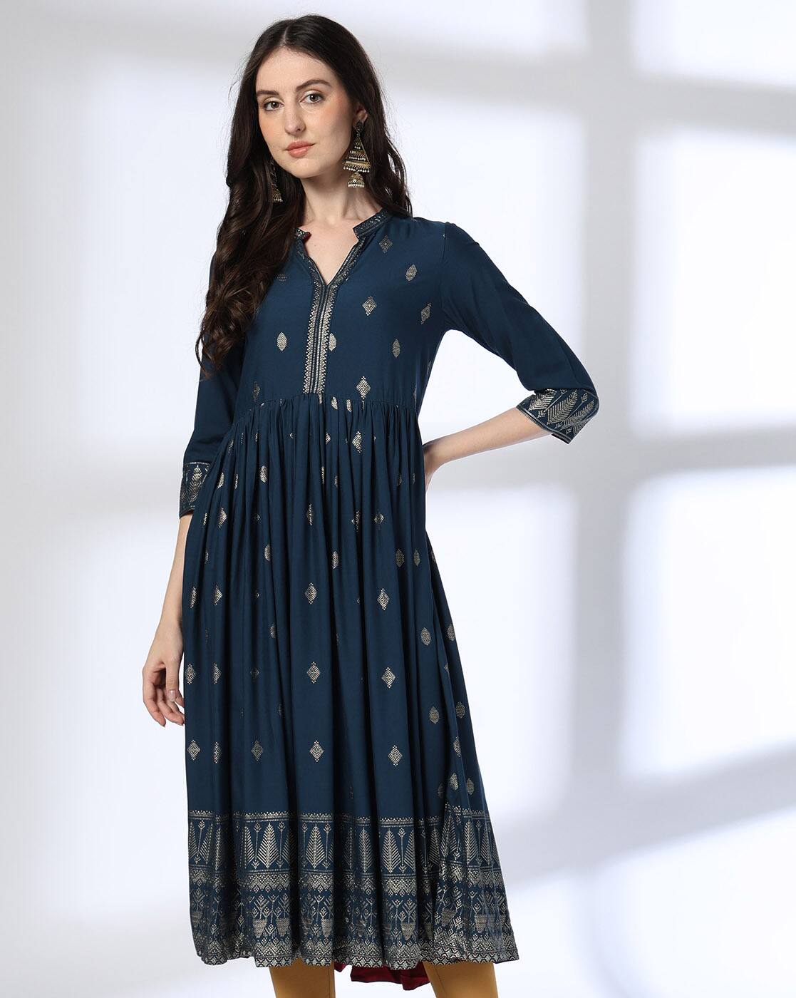 PRINTED FLARED KURTA, BLUE