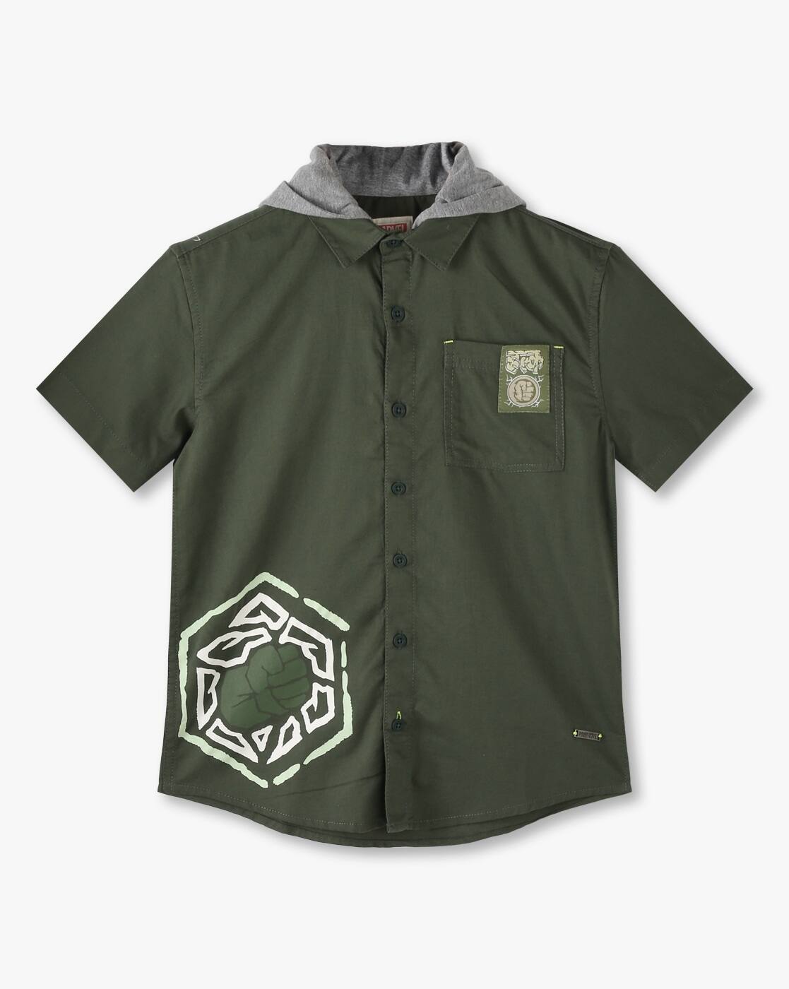 RELAXED FIT HOODED SHIRT, OLIVE