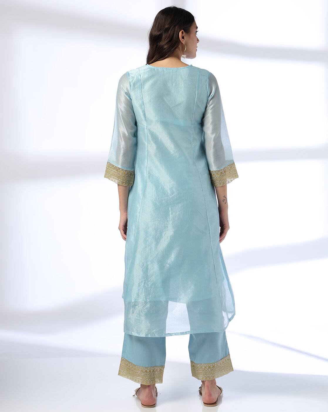 BLUE TISSUE KURTA SET, AQUA, M