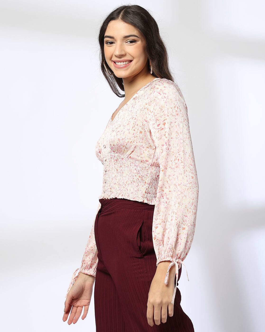 V NECK CHIFFON TOP, PEACH, XL