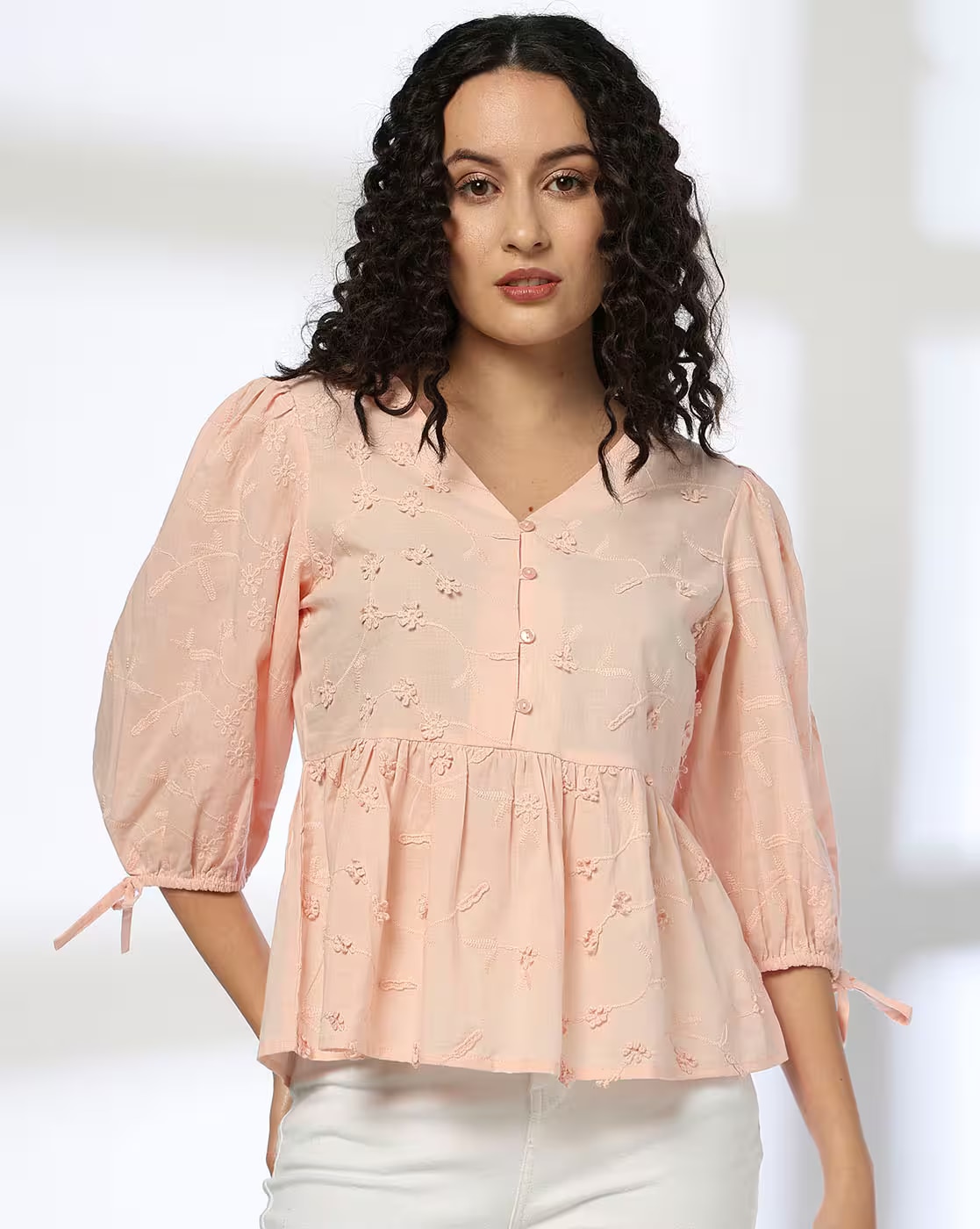 V NECK EMBROIDERED PEPLUM TOP, PINK, L