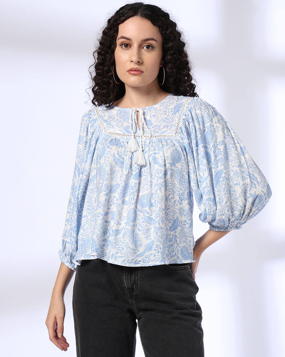 Printed Balloon Sleeve Top, BLUE