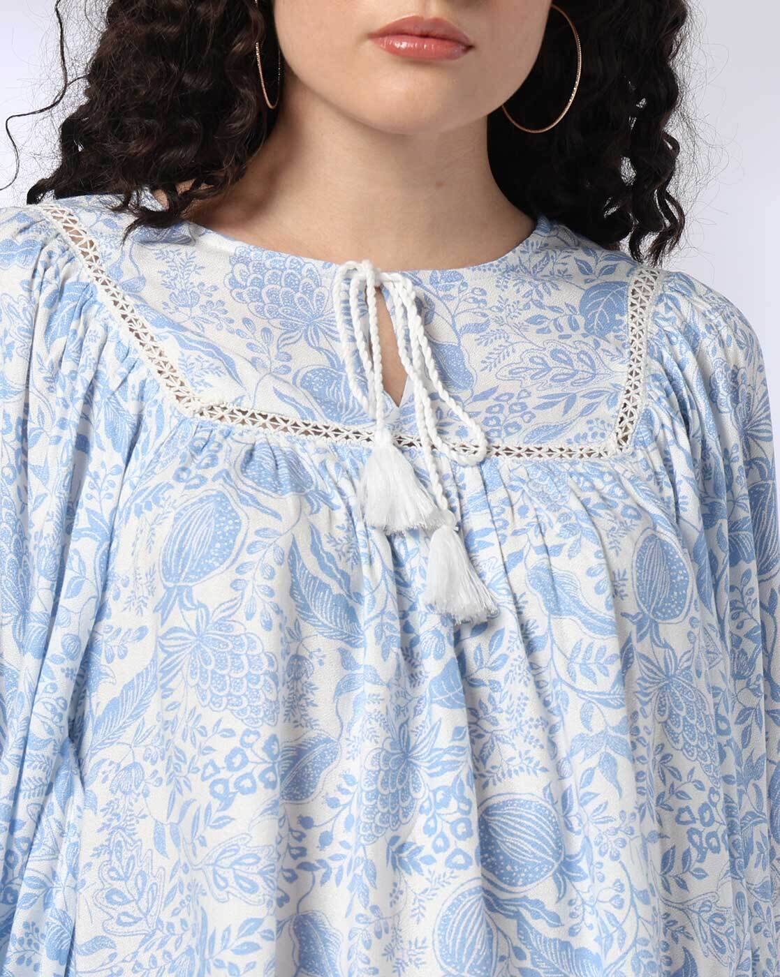 Printed Balloon Sleeve Top, BLUE