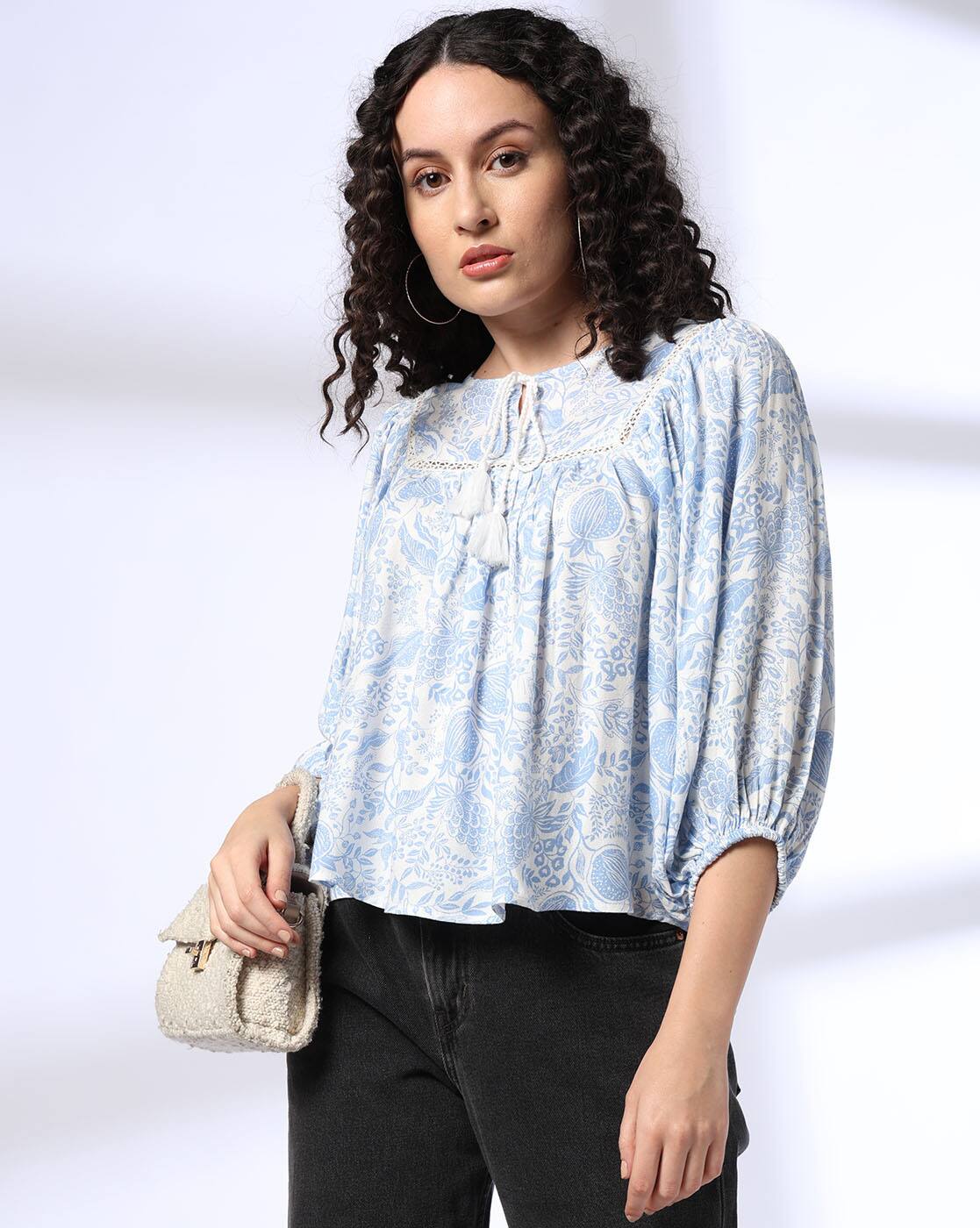 Printed Balloon Sleeve Top, BLUE
