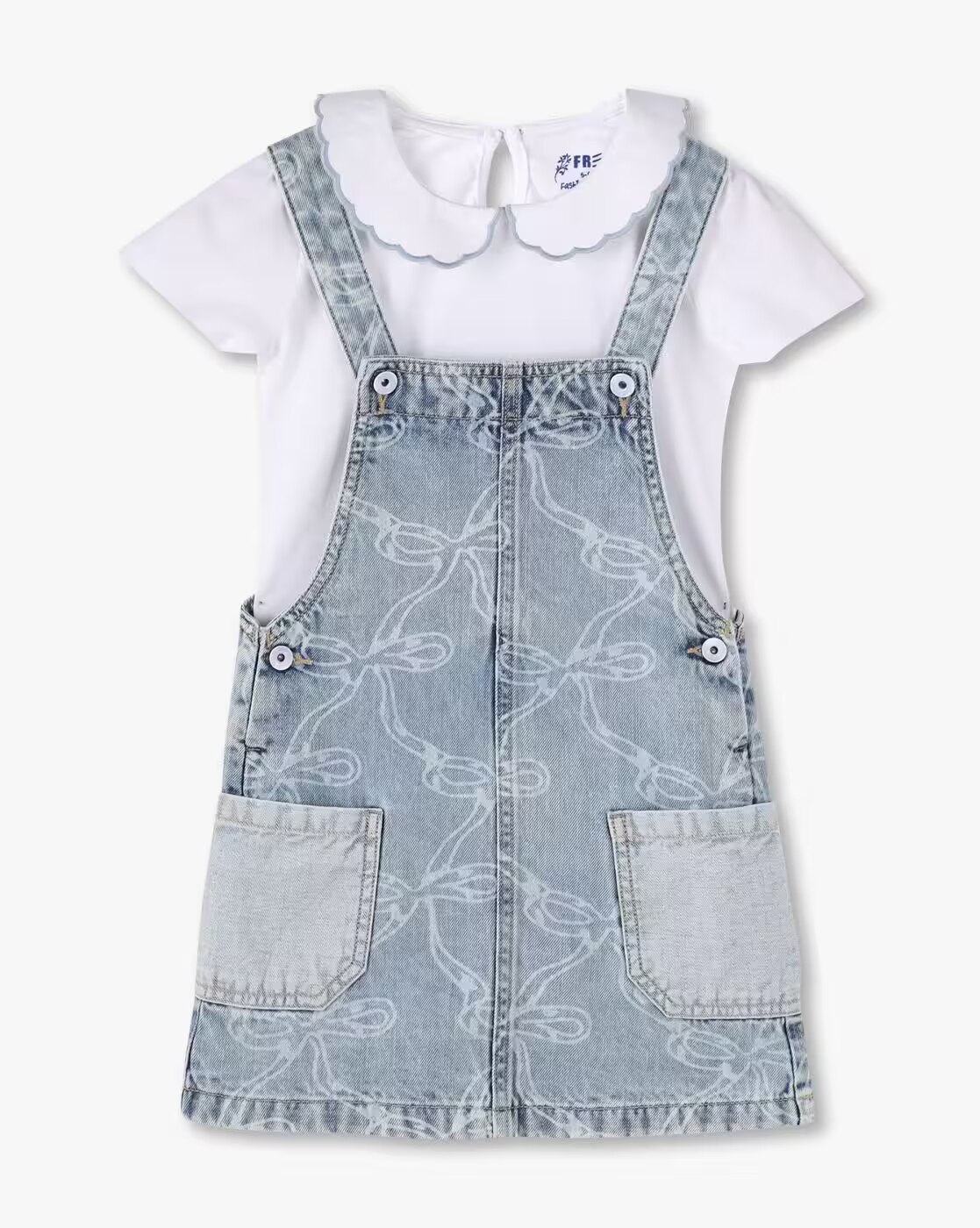 bow print dungaree, BLUE, 7-8Y
