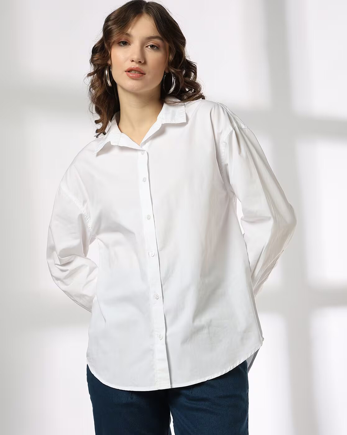 Oversized Drop Shoulder Shirt, WHITE, XS
