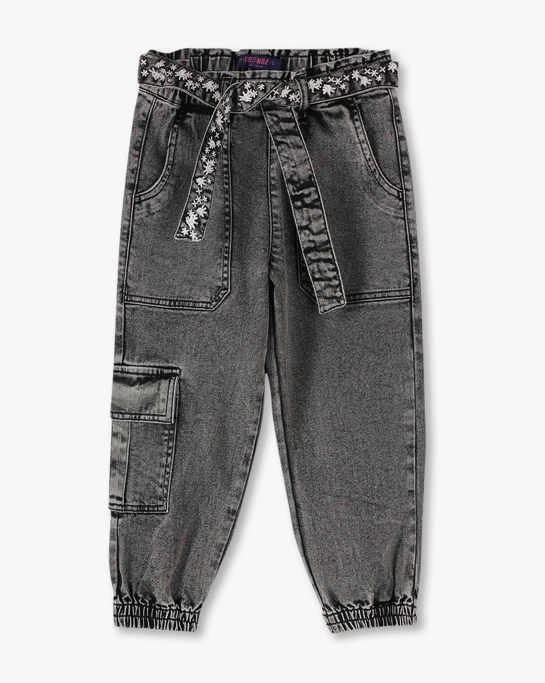 grey denim joggers with embr, GREY, 7-8Y