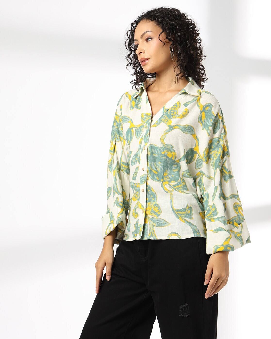 Printed Button Down Y Notch S, GREEN, XS