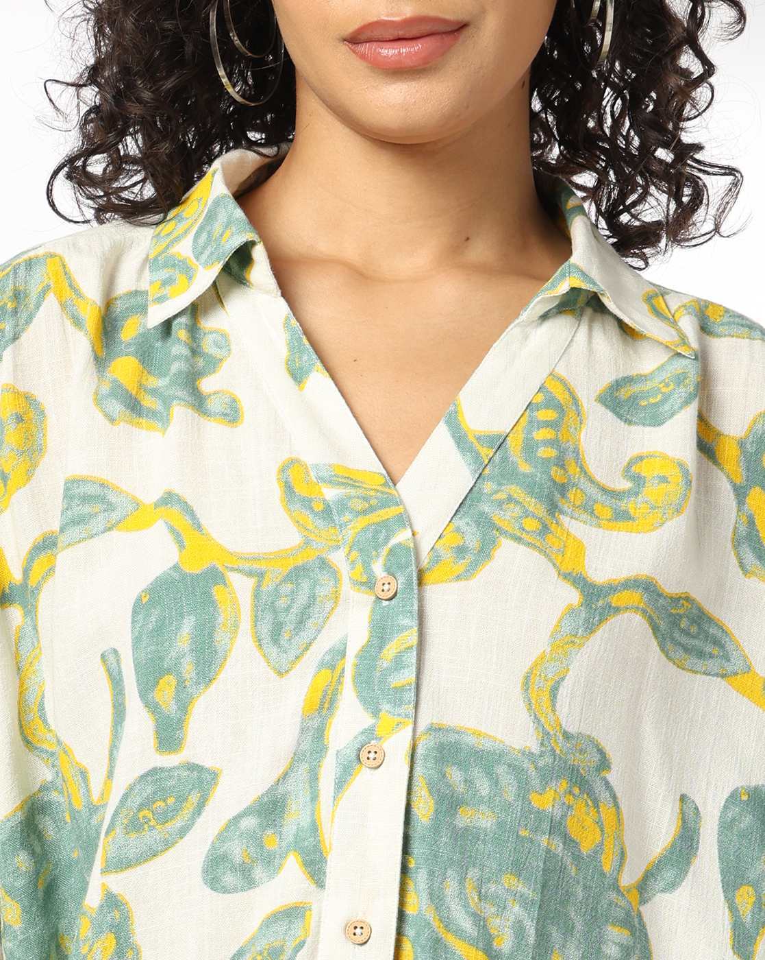 Printed Button Down Y Notch S, GREEN, XS
