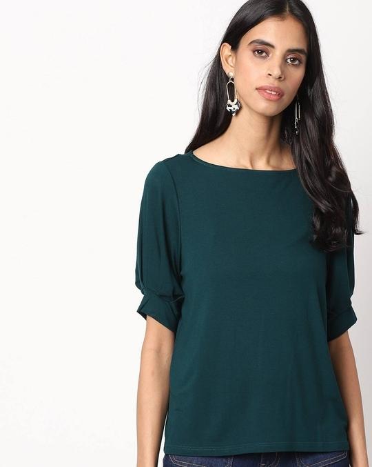 Boat-Neck Top with Puff Sleeves