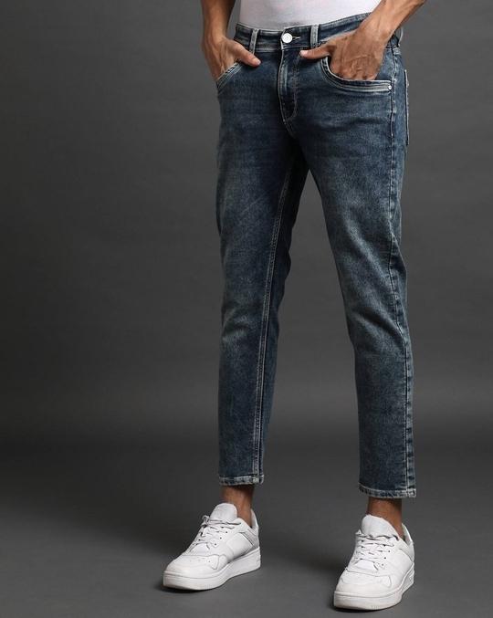 Men Heavily Washed Cropped Fit Jeans