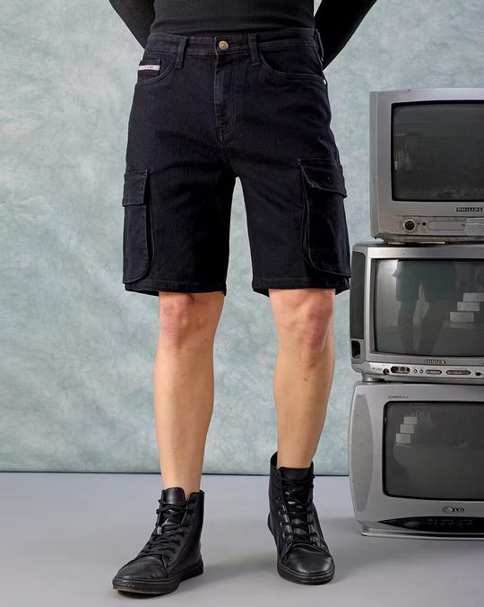 Men Denim Regular Fit Cargo Shorts