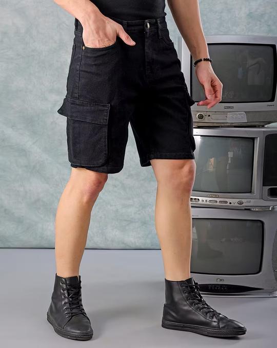 Men Denim Regular Fit Cargo Shorts