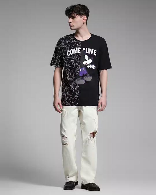 Men Mickey Collection Print Oversized Cotton Round-Neck T-Shirt
