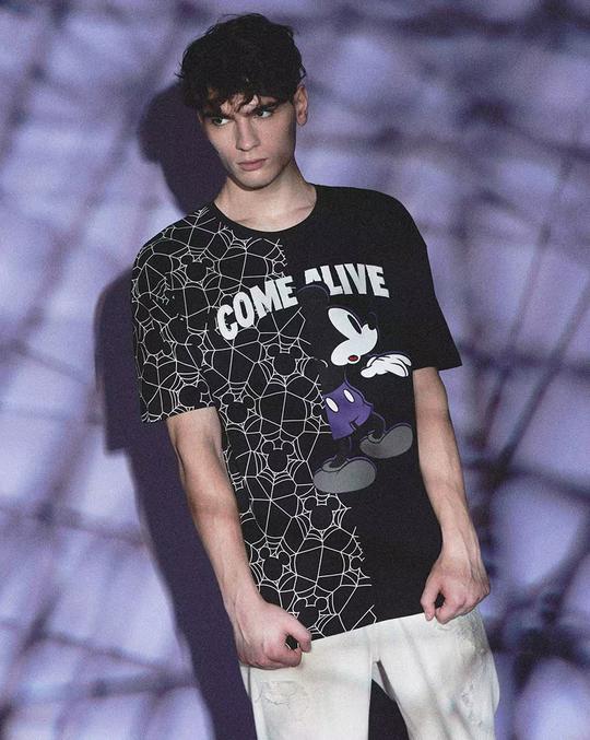 Men Mickey Collection Print Oversized Cotton Round-Neck T-Shirt