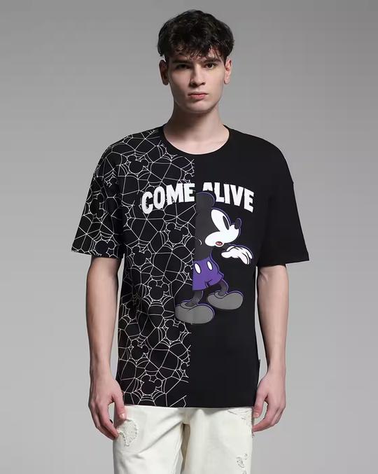 Men Mickey Collection Print Oversized Cotton Round-Neck T-Shirt